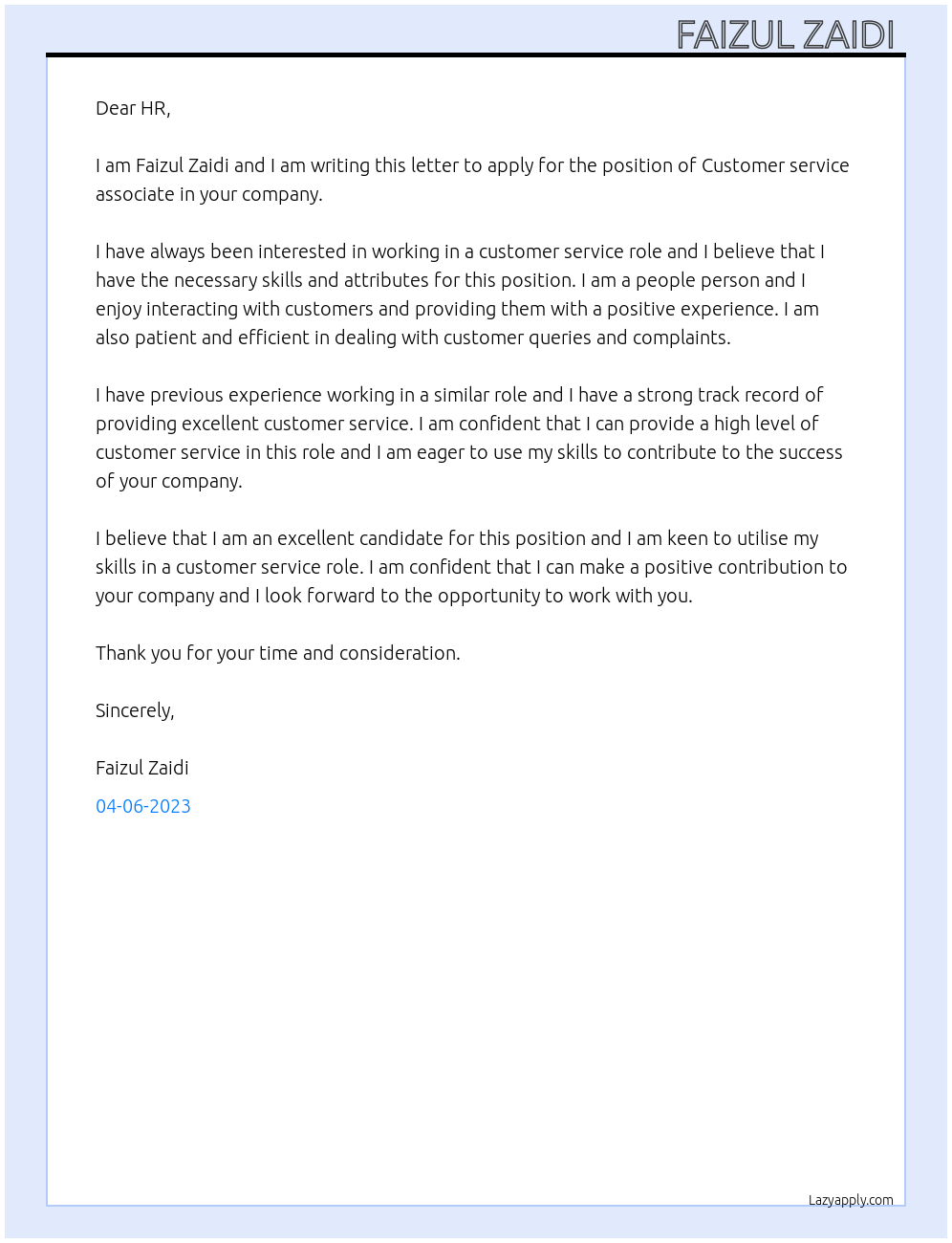 Customer service associate At Your Cover Letter