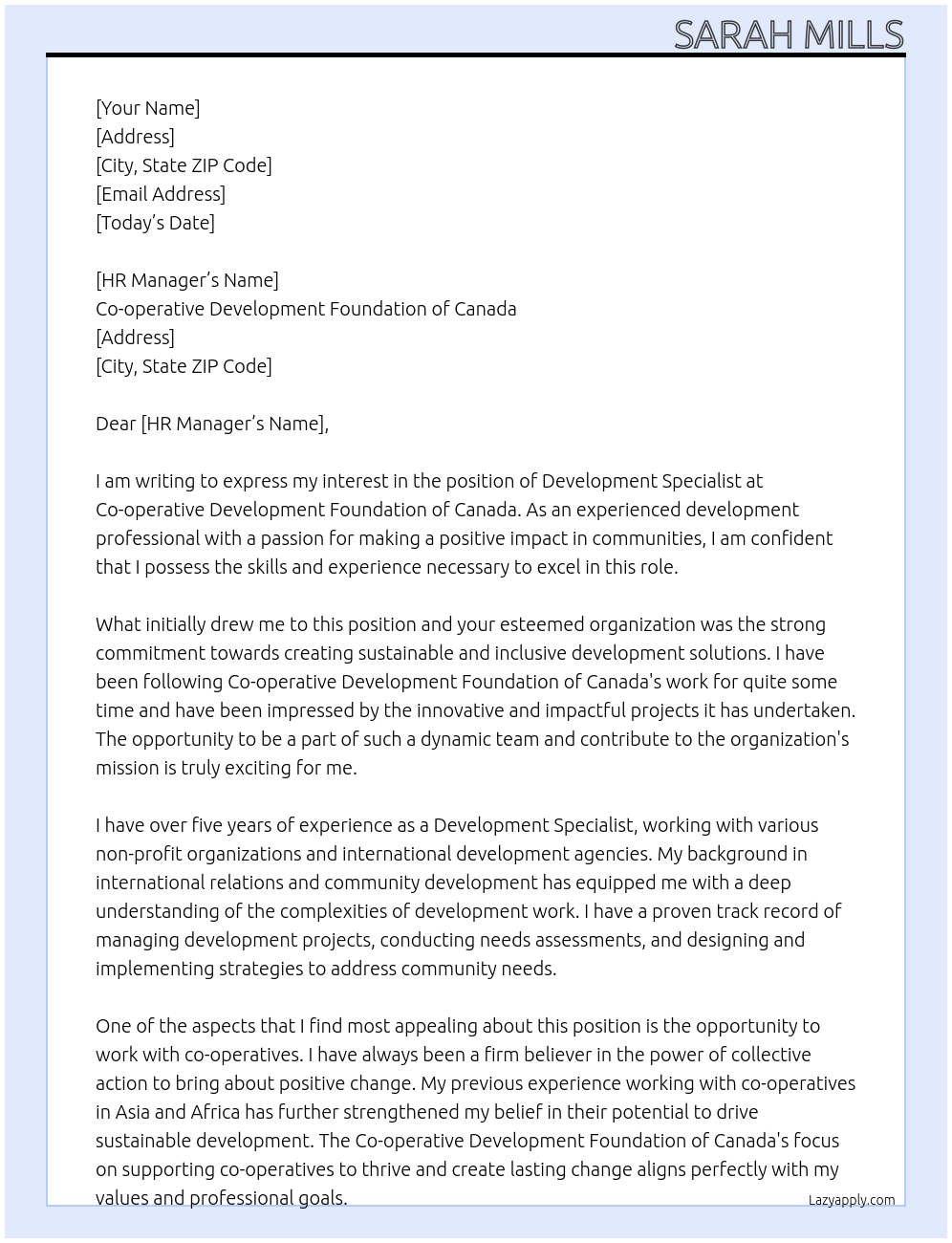 Development Specialist At Co-operative Development Foundation of Canada Cover Letter