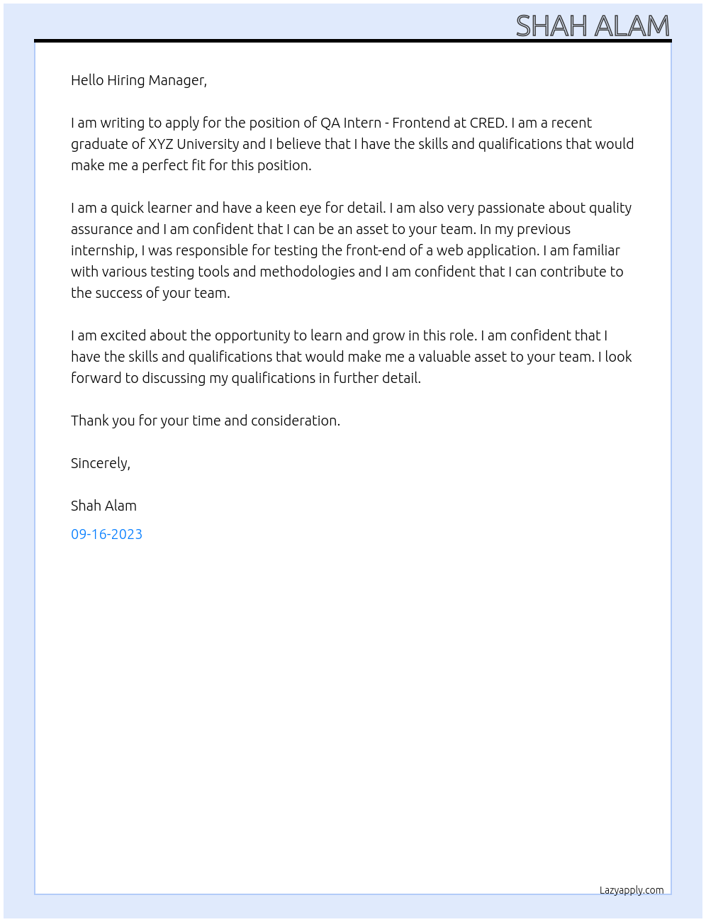 qa intern - frontend At CRED Cover Letter