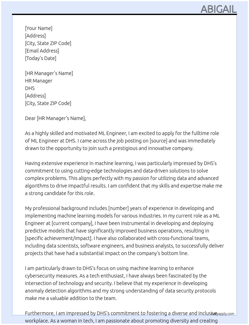 ML Engineer At DHS Cover Letter