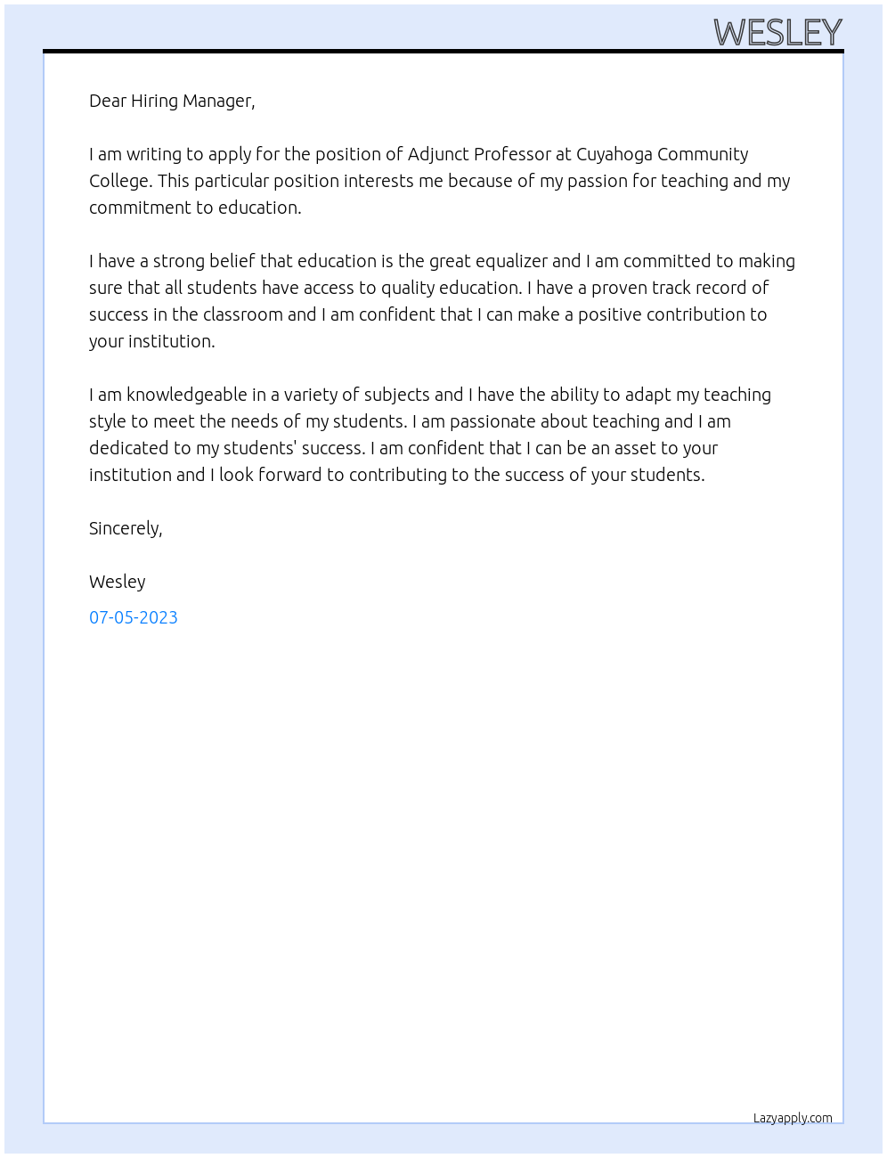 Adjunct Professor At Cuyahoga Community College Cover Letter