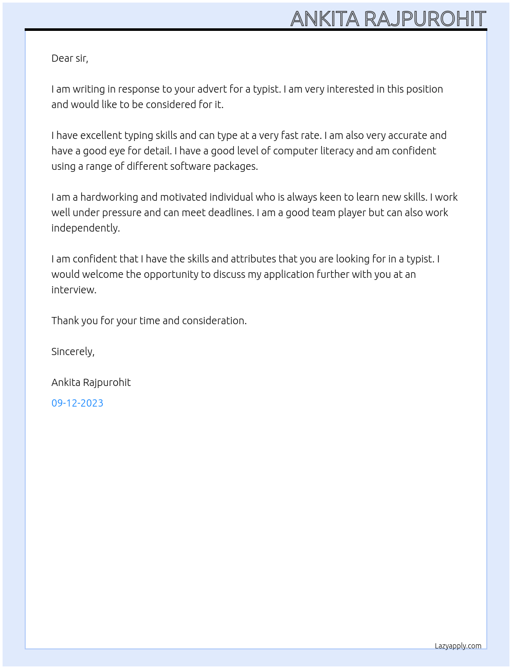 typist At  free lancing company Cover Letter