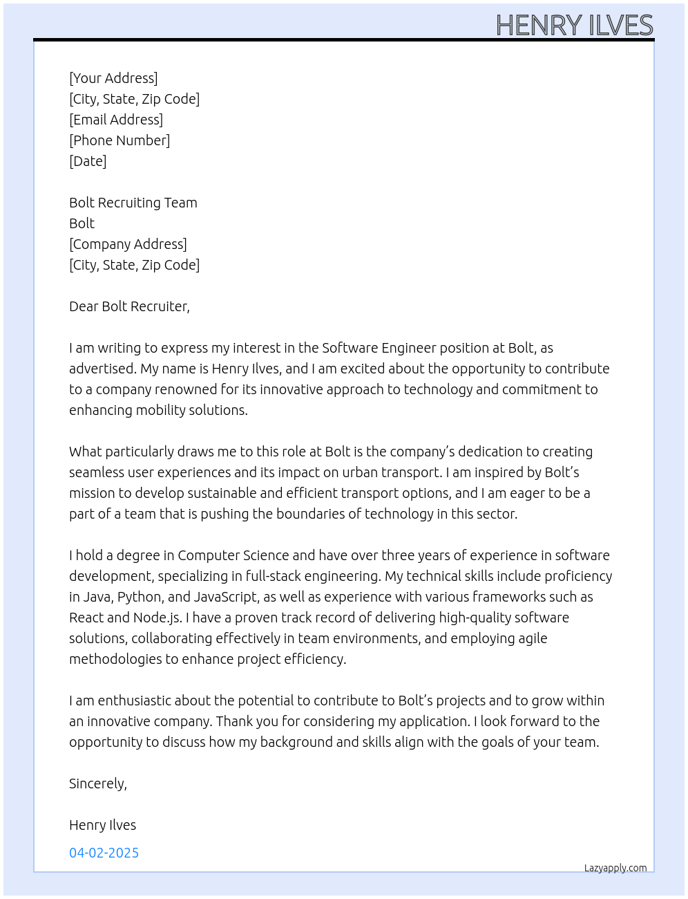 Software engineer At Bolt Cover Letter