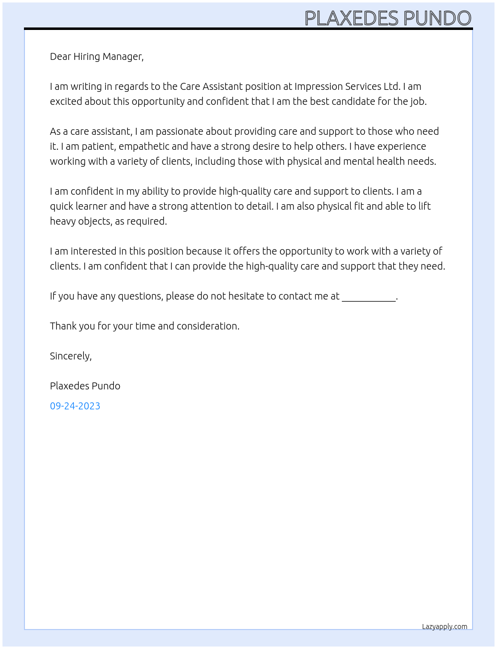 Care Assistant At Impression Services Ltd Cover Letter