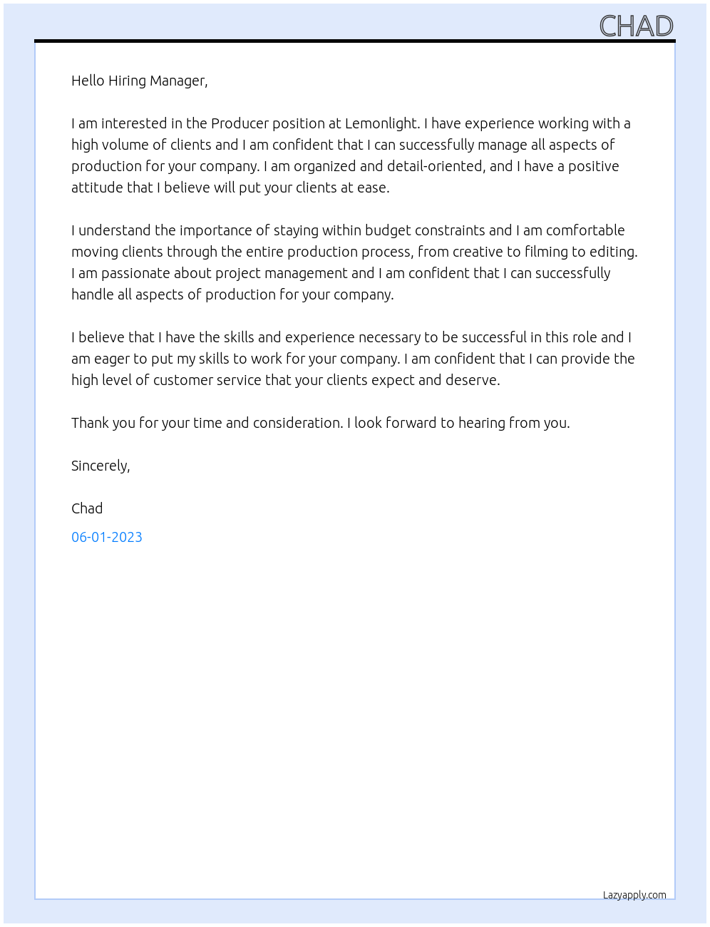 Producer At Lemonlight Cover Letter