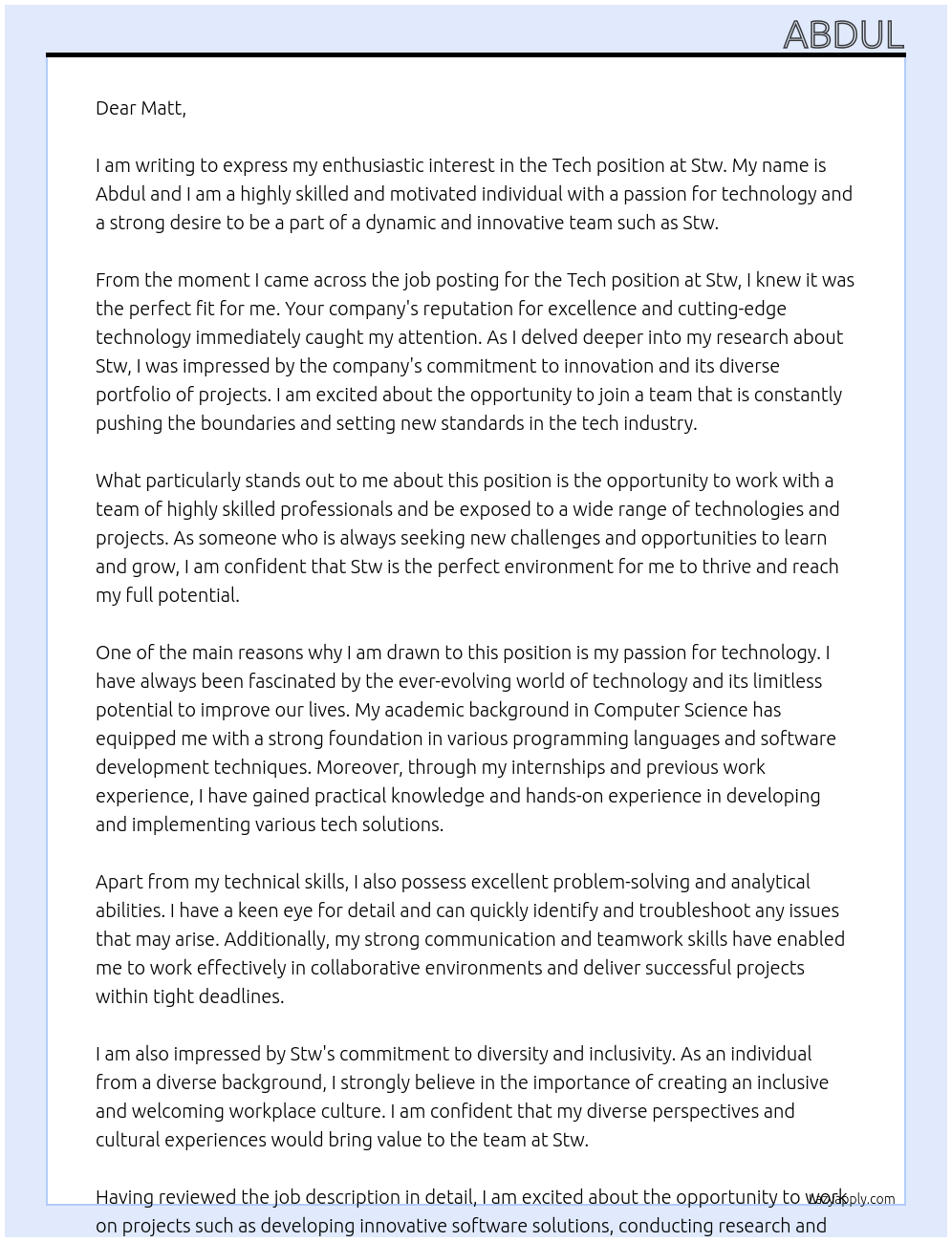Tech  At Stw Cover Letter
