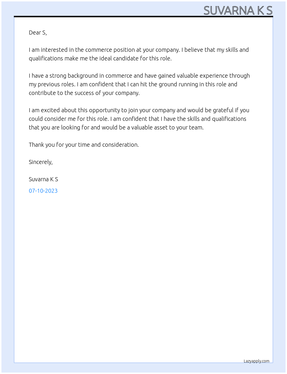 commerce At s Cover Letter