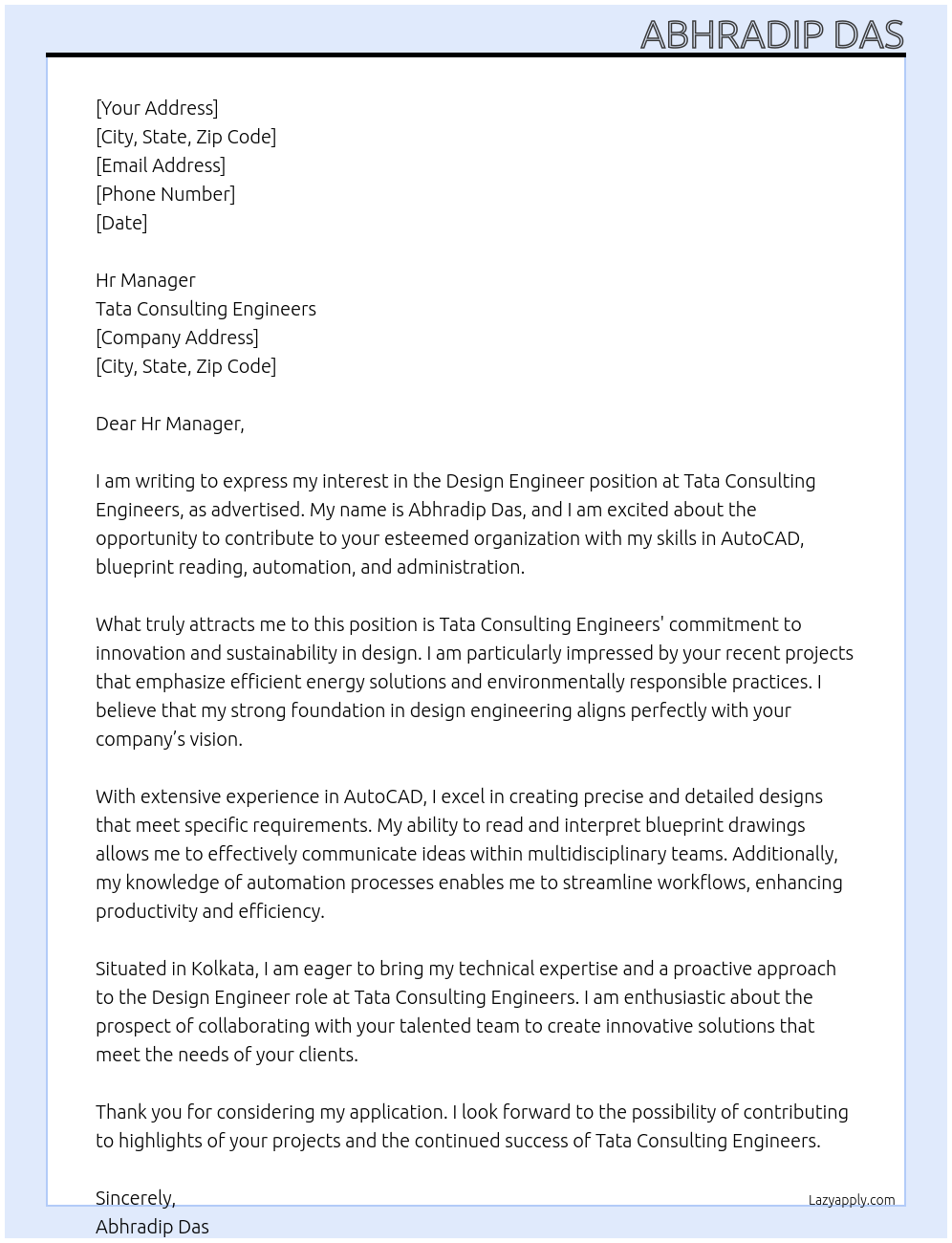 Design Engineer At Tata Consulting Engineers Cover Letter