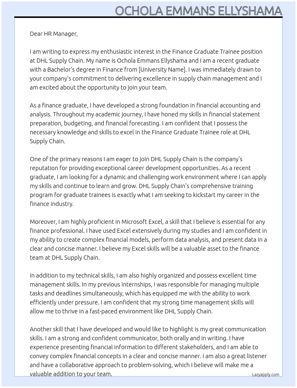 Finance Graduate trainee At DHL Supply Chain Cover Letter