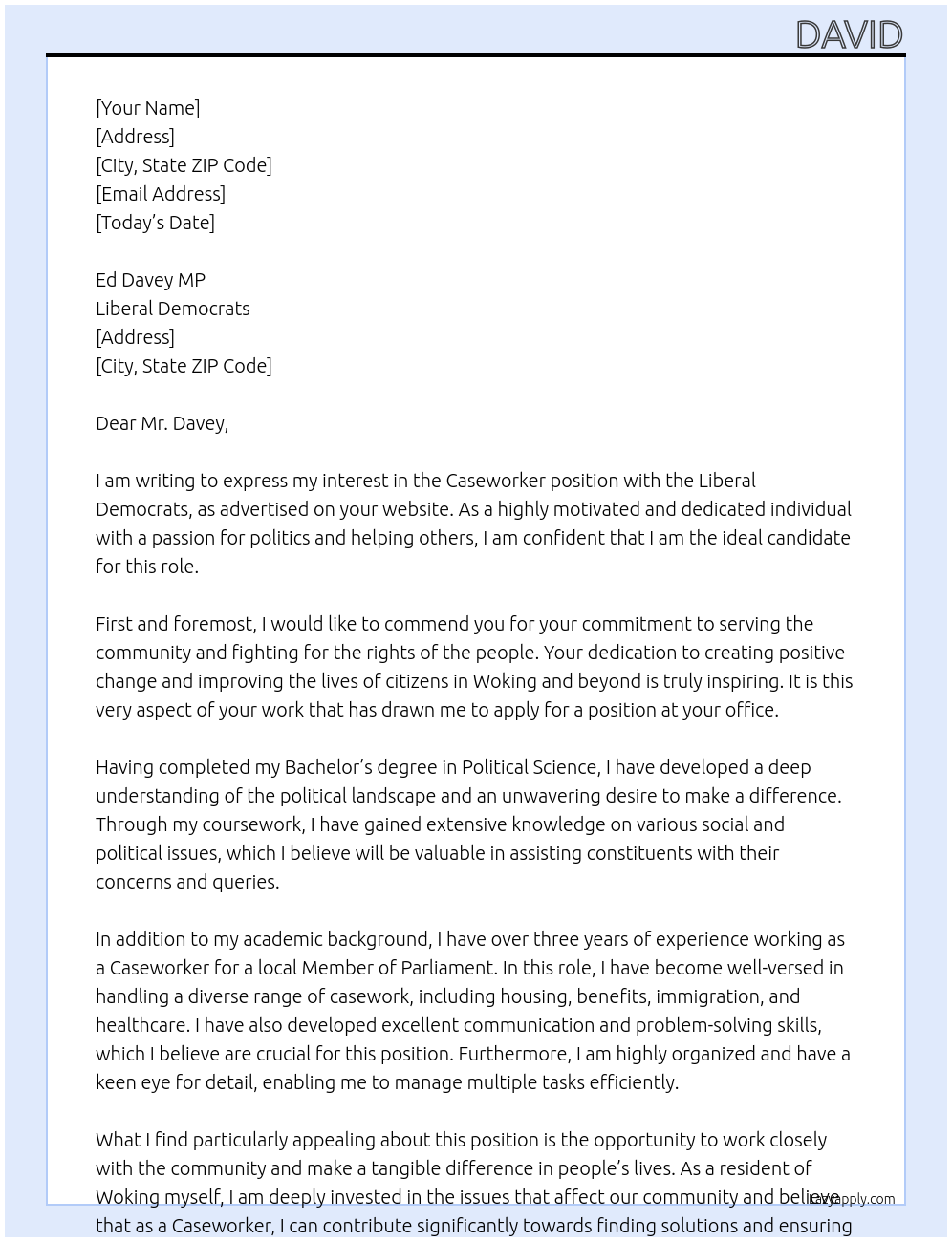 Caseworker At Ed Davey MP of the Liberal Democrats Cover Letter