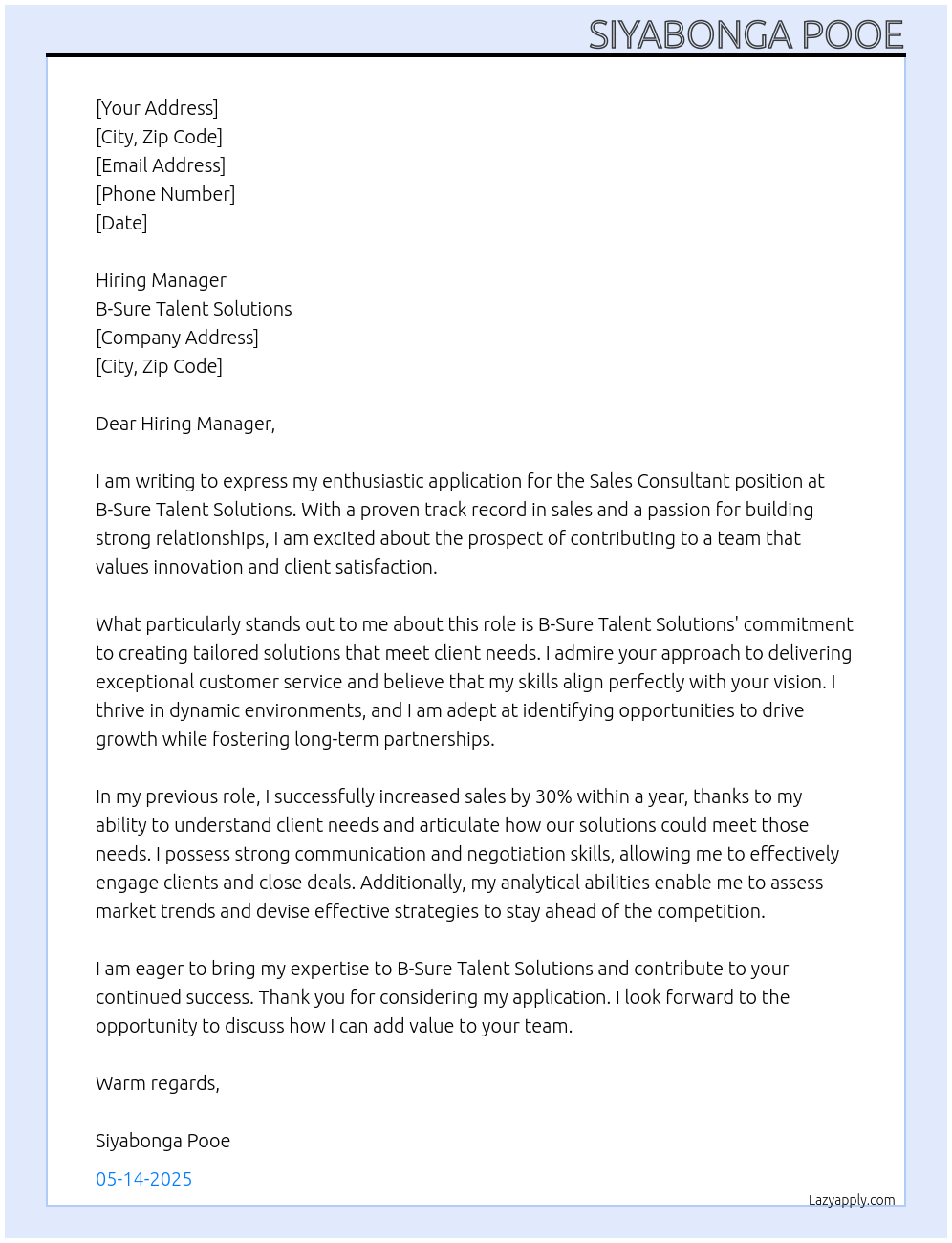 Sales Consultant At B-Sure Talent Solutions Cover Letter