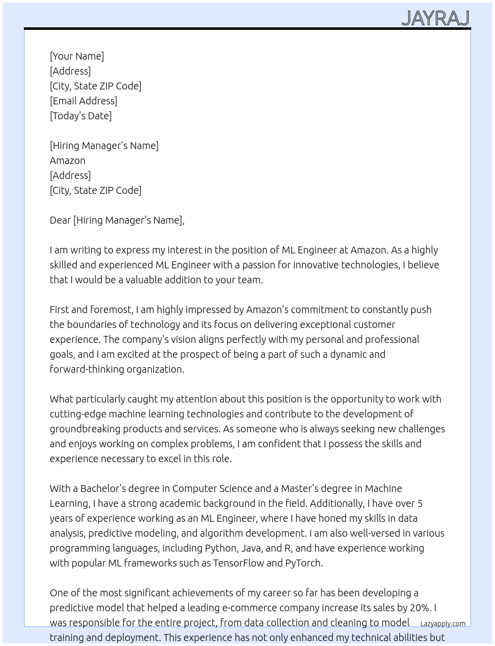 ML engineer At Amazon Cover Letter