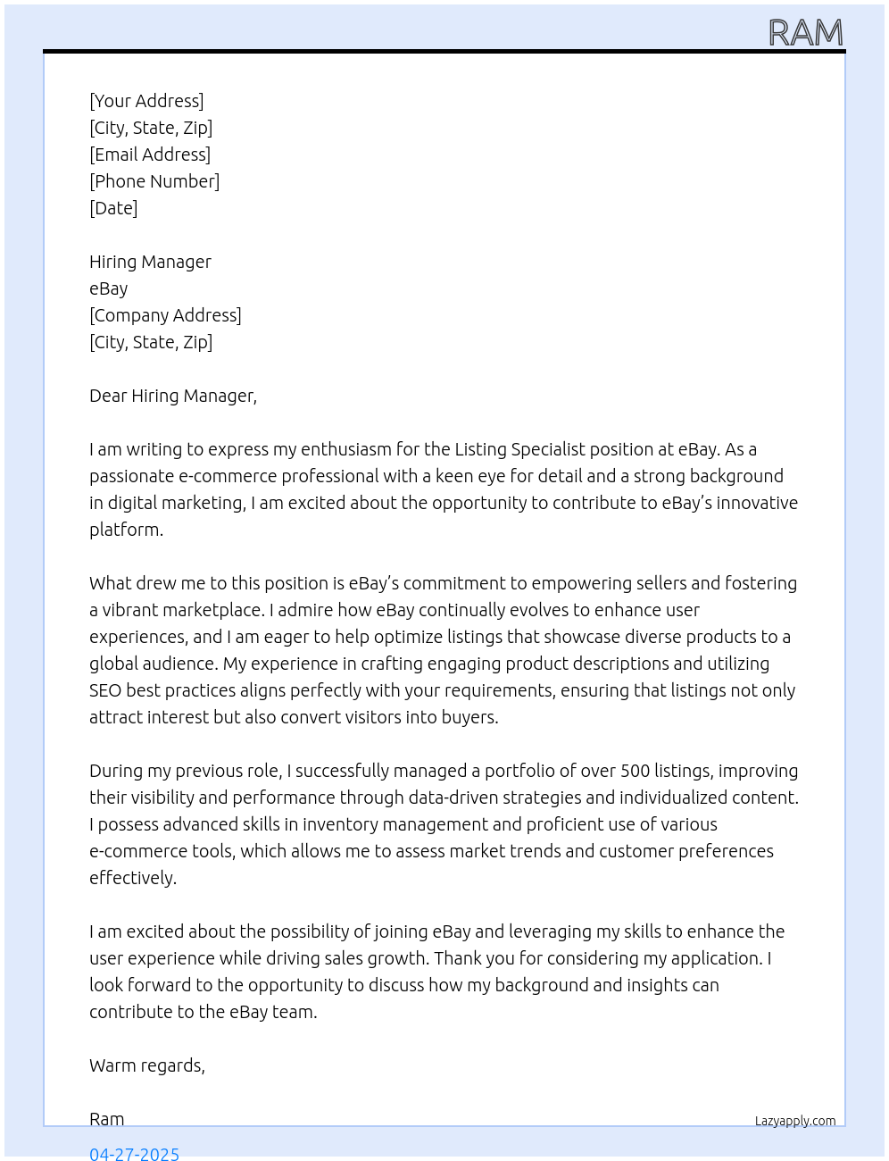 Listing specialist At Ebay Cover Letter