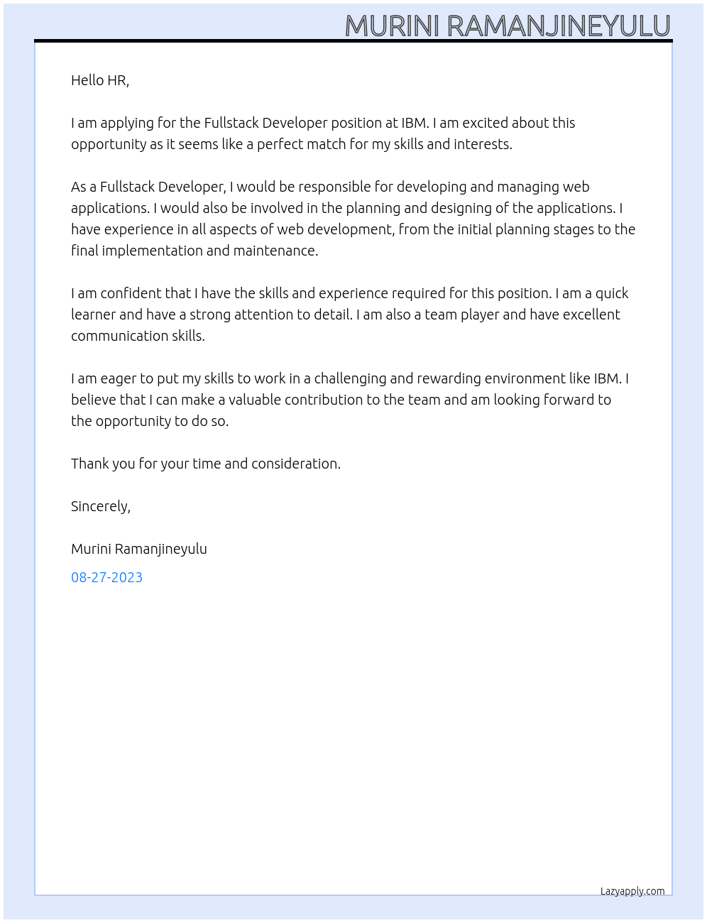 FUllstack developer At ibm Cover Letter