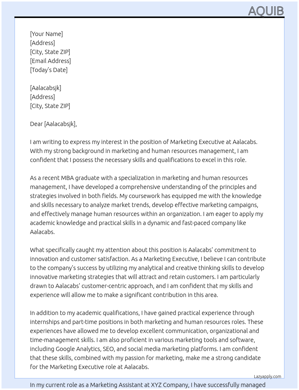 Marketing executive  At Aalacabs Cover Letter