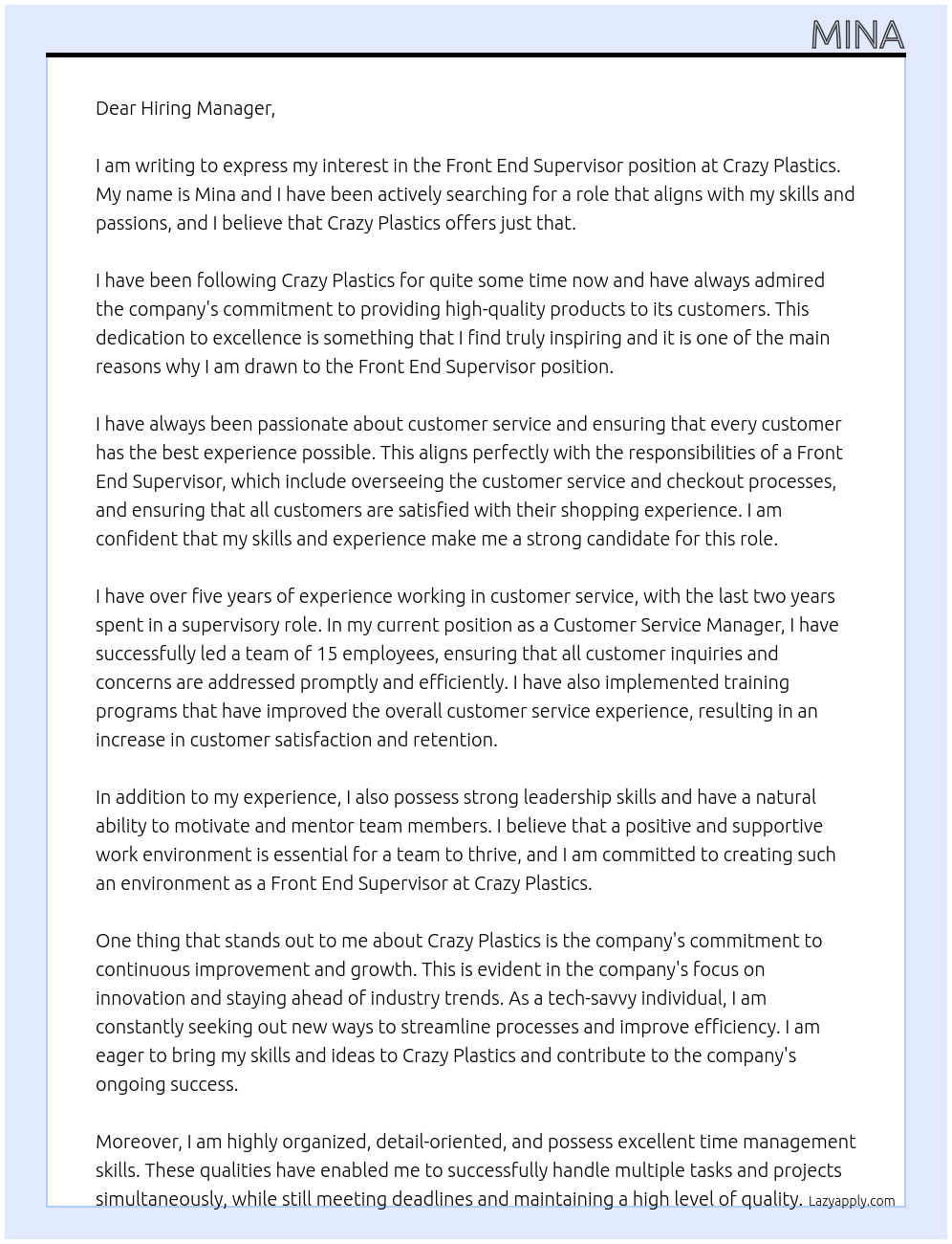Front end supervisor  At Crazy Plastics Cover Letter