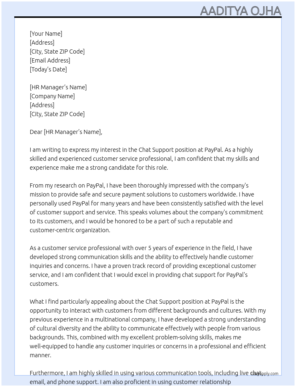 chat support At PayPal Cover Letter