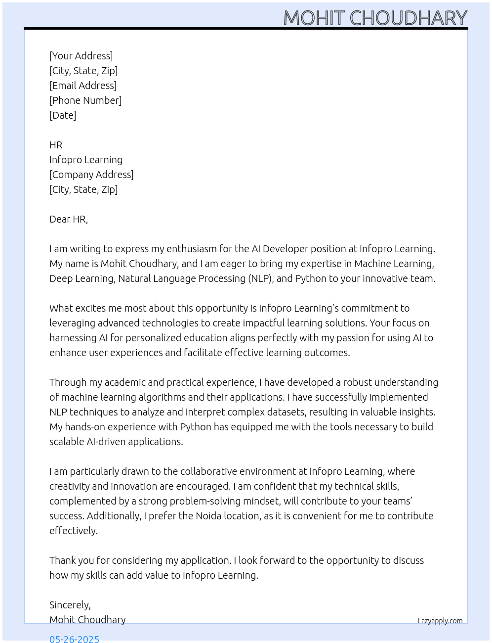 AI Developer At Infopro Learning Cover Letter