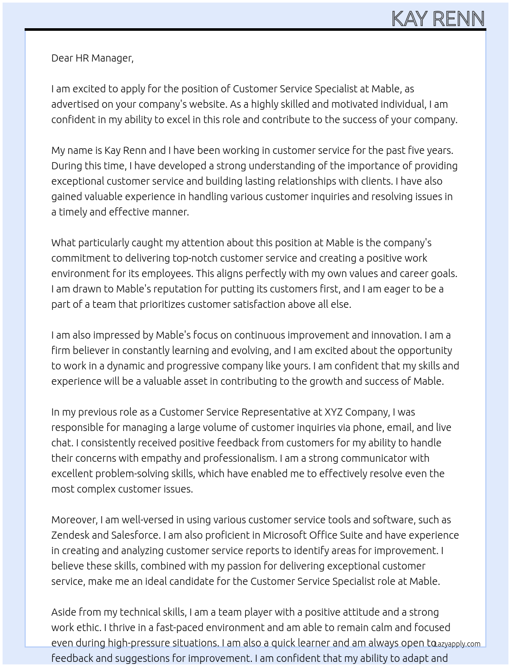 Customer Service Specialist At Mable Cover Letter