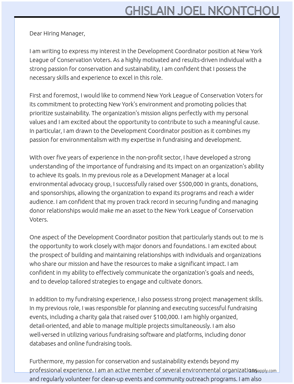 Development Coordinator At New York League of Conservation Voters Cover Letter