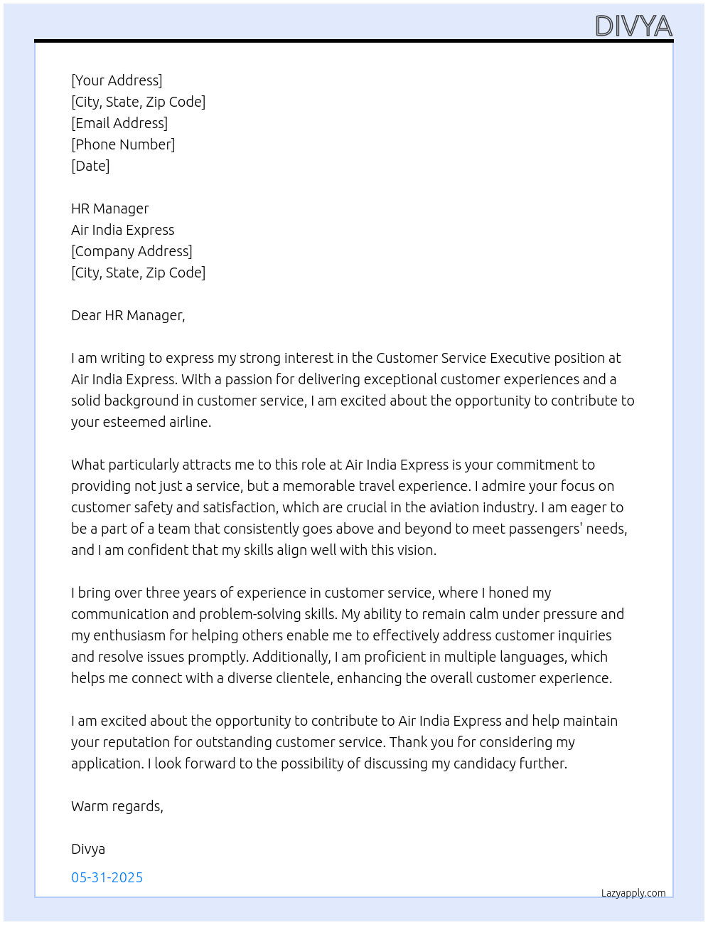 Customer service executive At Air india express Cover Letter