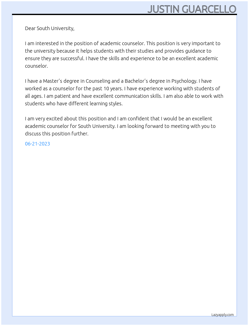 Academic Counselor At South University Cover Letter