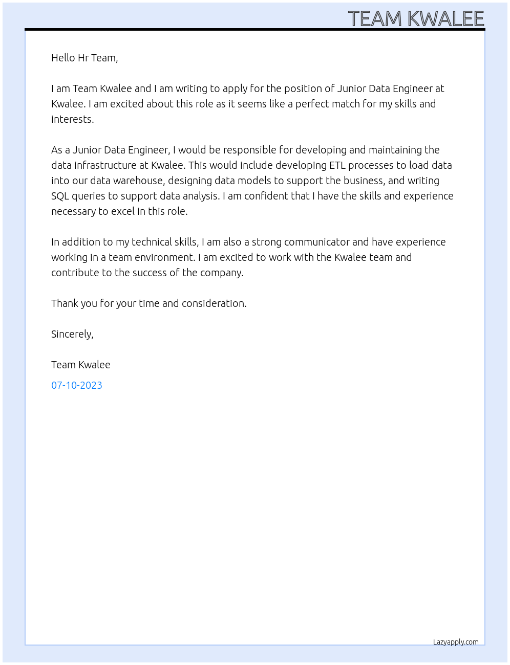Junior Data Engineer  At Kwalee Cover Letter