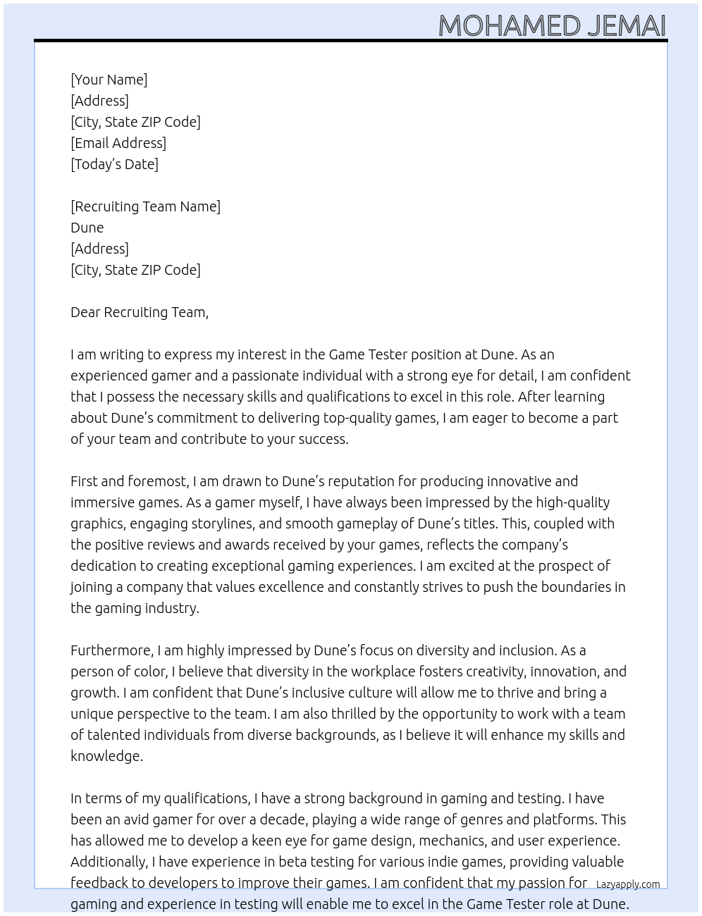 Game Tester At Dune Cover Letter
