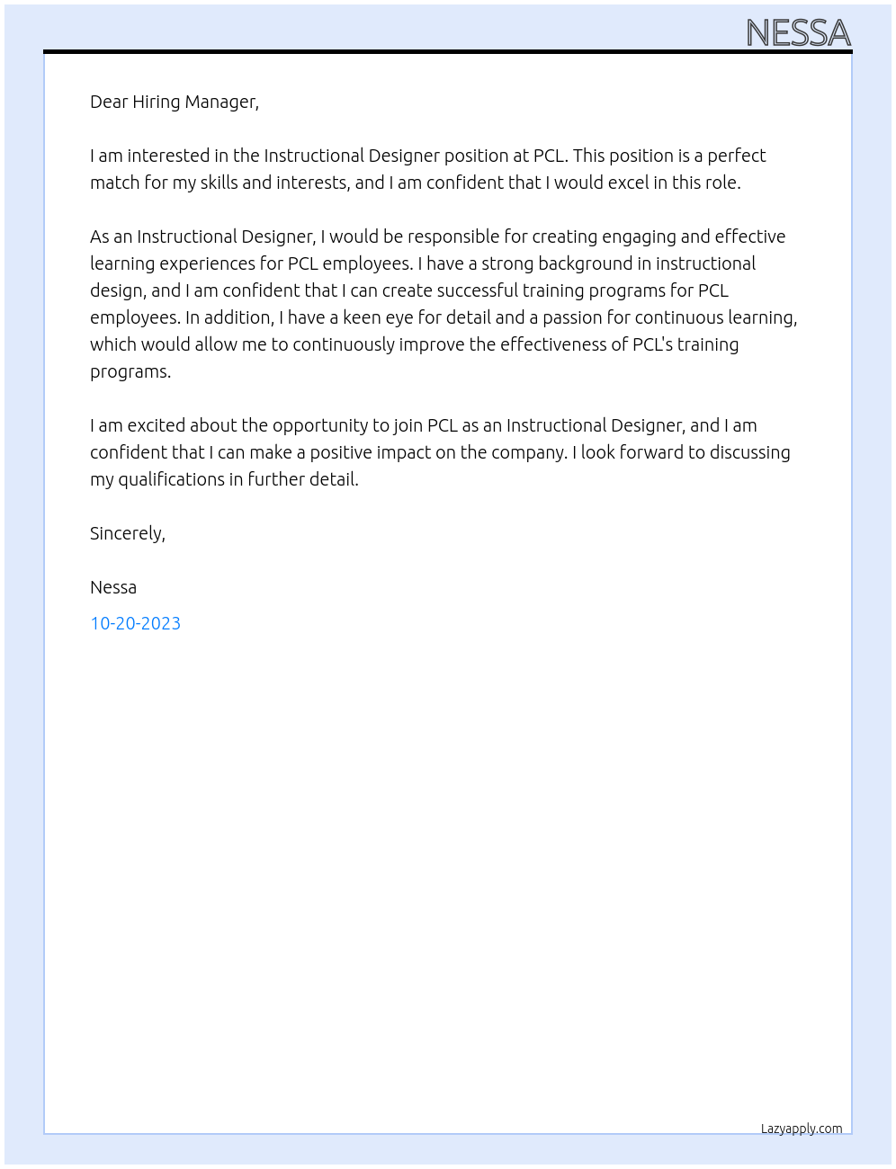 Instructional Designer At PCL Cover Letter