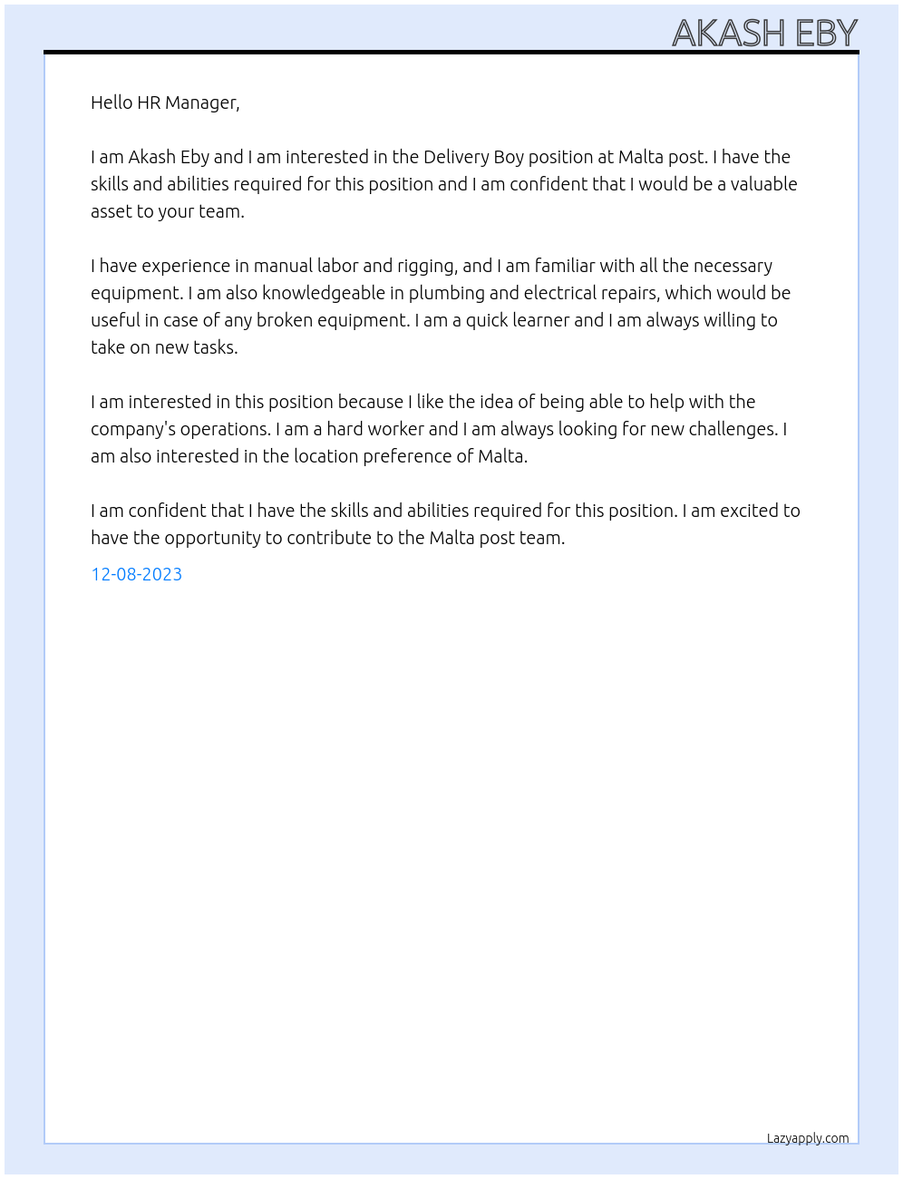 Delivery Boy At Malta post Cover Letter