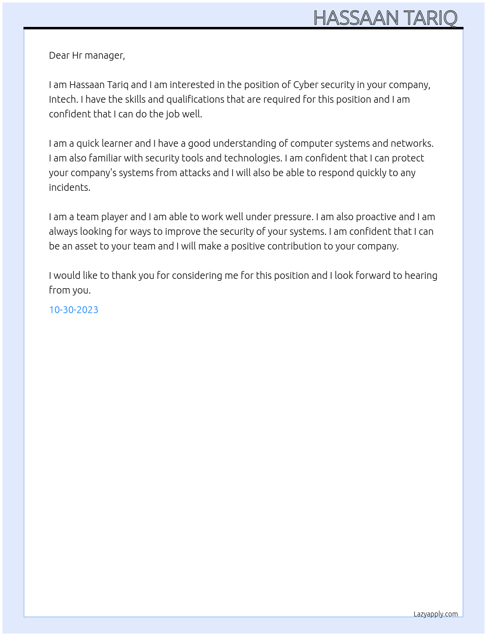 Cyber security At Intech Cover Letter