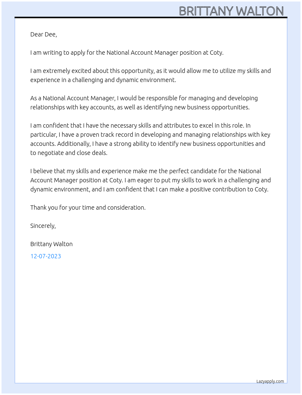 National Account Manager  At Coty  Cover Letter