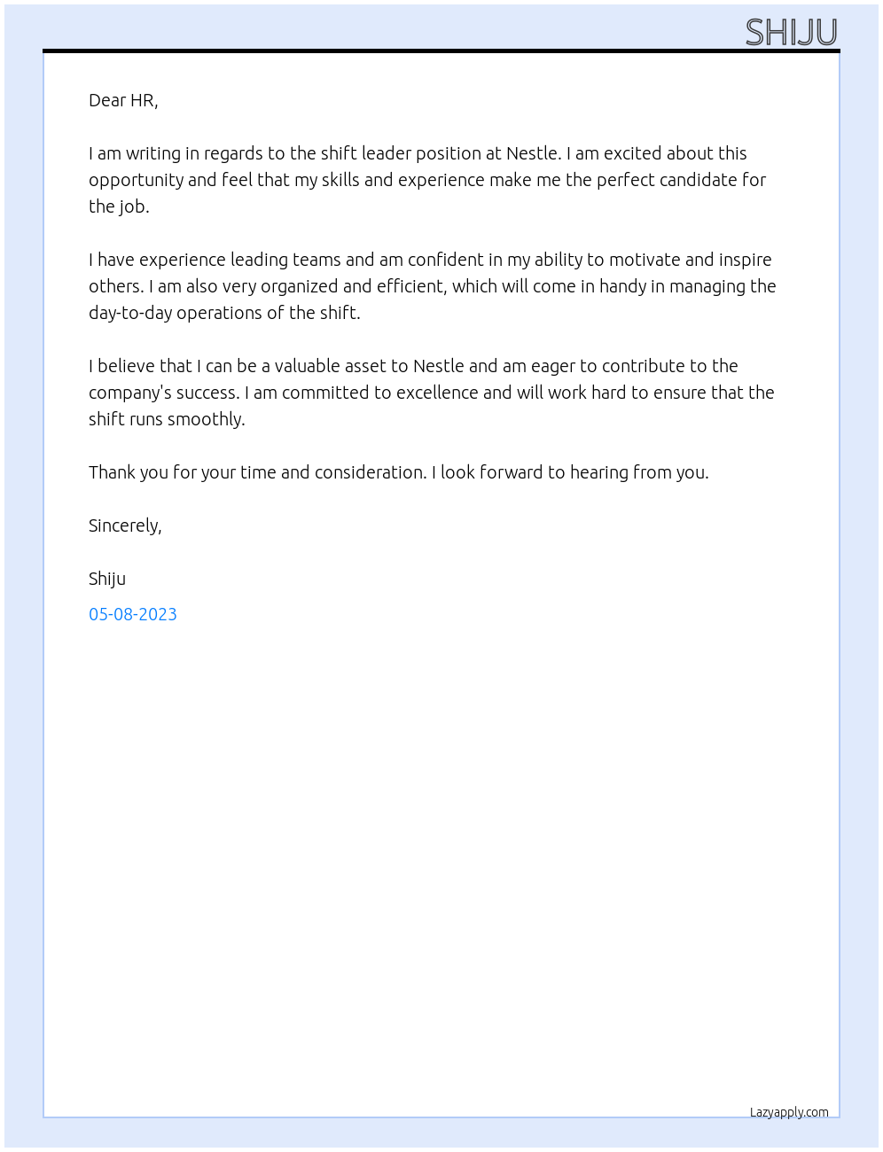 shift leader At nestle Cover Letter
