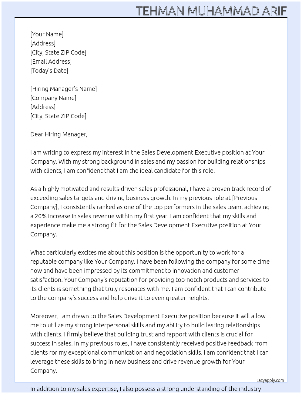 Sales Development Executive At Your Company Cover Letter