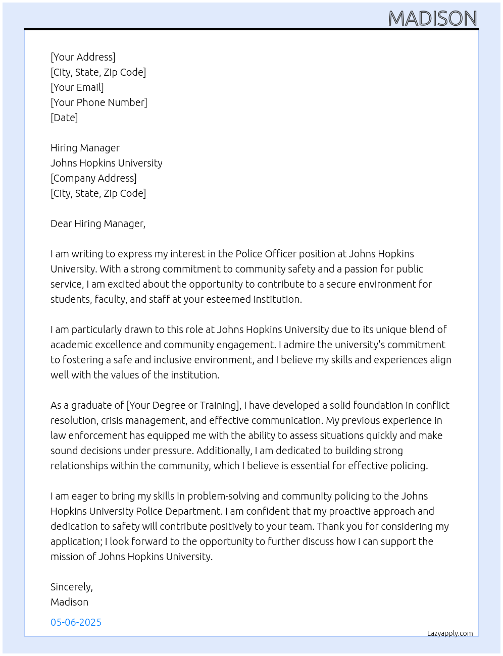 Police Officer At Johns Hopskins University Cover Letter