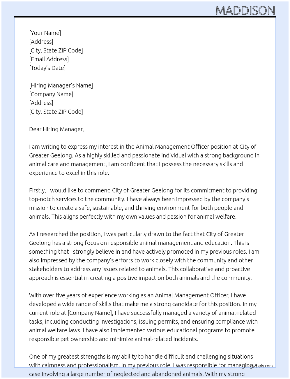 Animal Management Officer  At City Of Greater Geelong Cover Letter