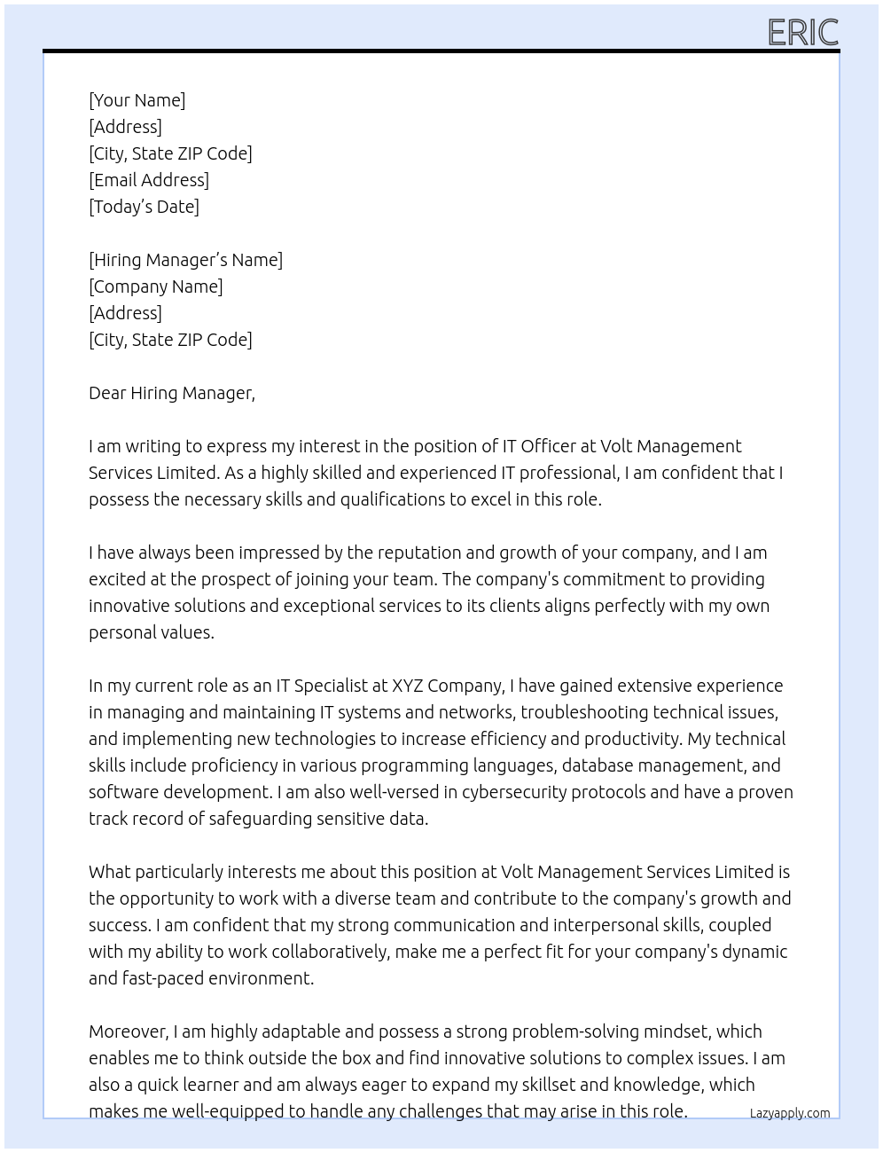 IT Officer At Volt Management Services Limited Cover Letter