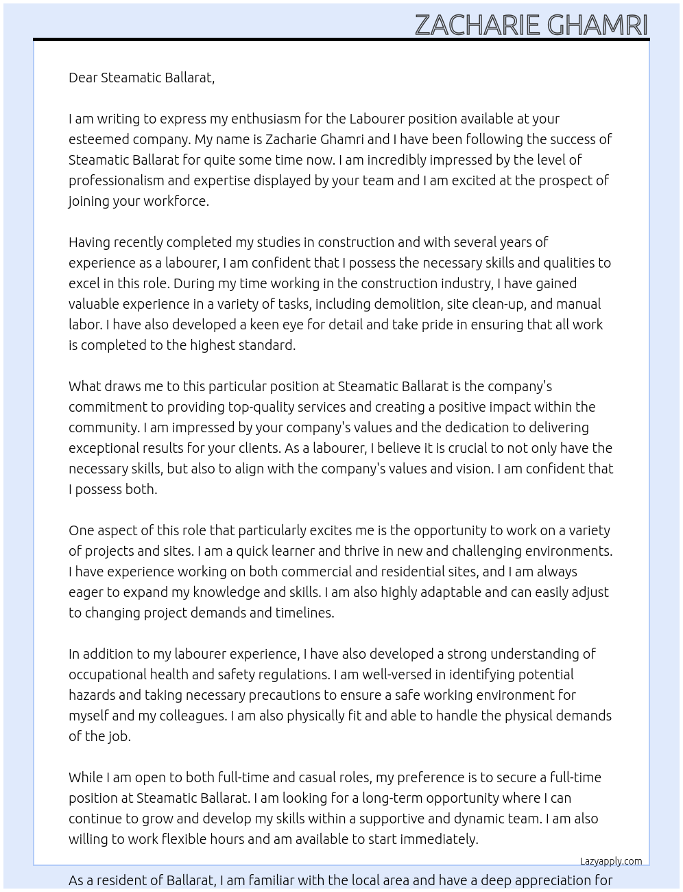 Labourer At Steamatic Ballarat Cover Letter