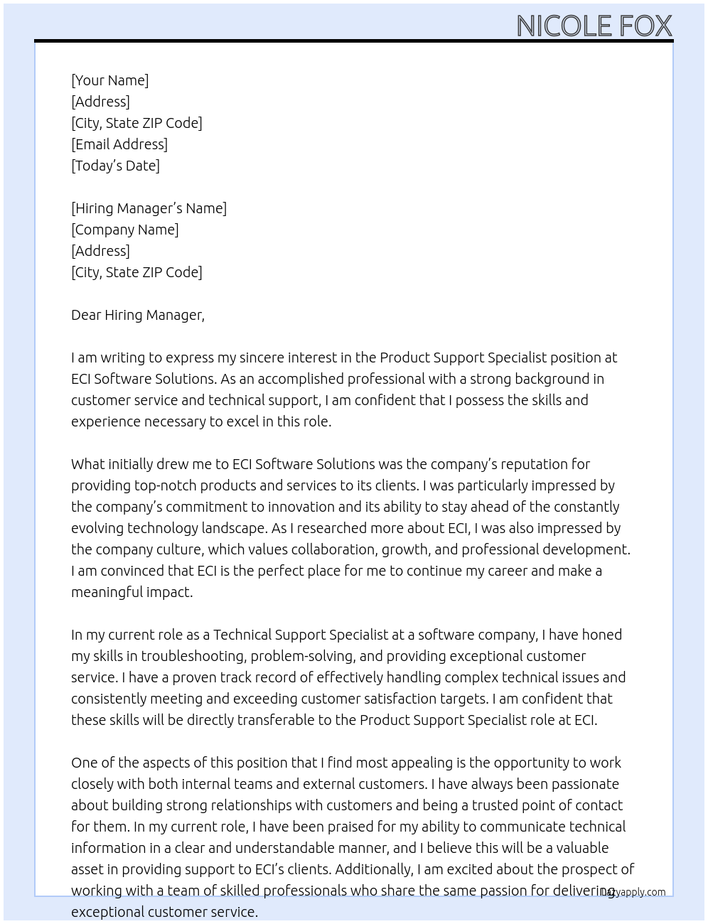 Product Support Specialist At ECI Software Solutions Cover Letter
