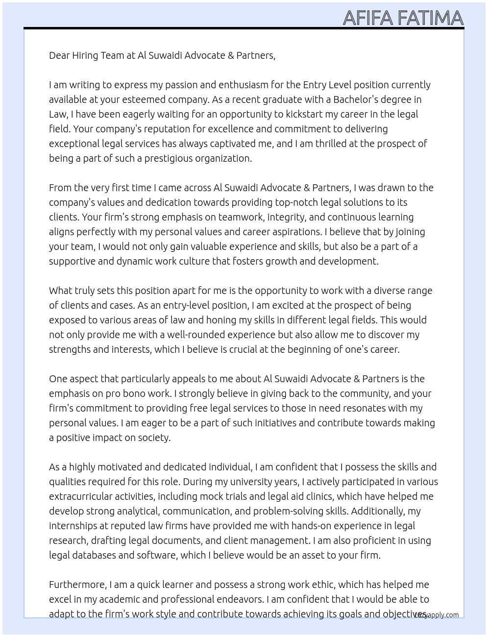Entry level At Al suwaidi advocate & partners Cover Letter