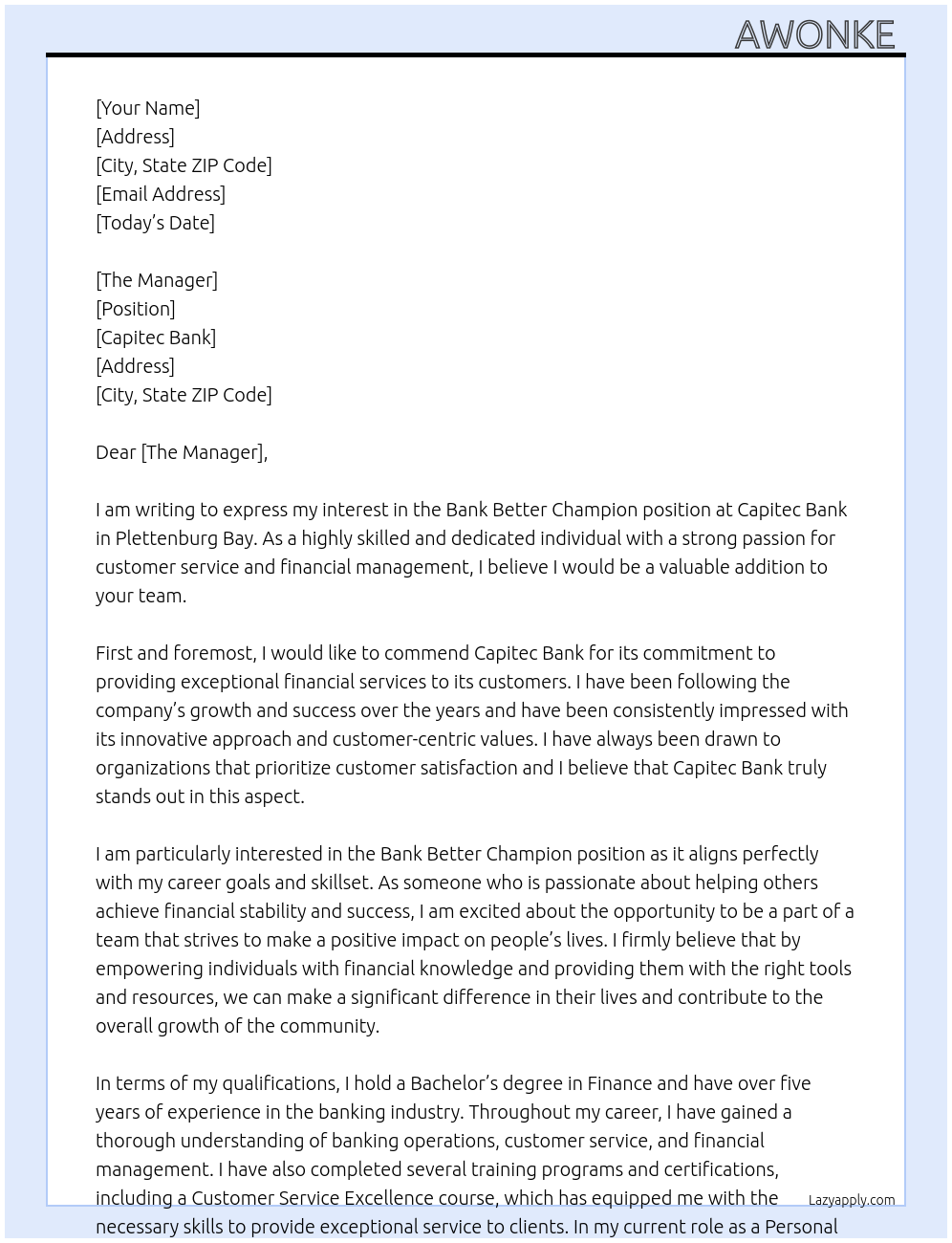 Bank better champion  At Capitec bank Cover Letter