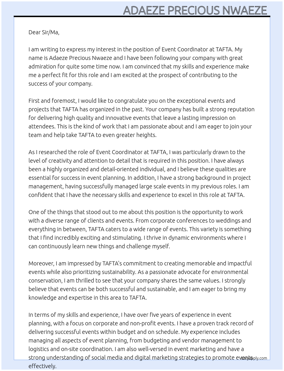 Event coordinator At TAFTA Cover Letter