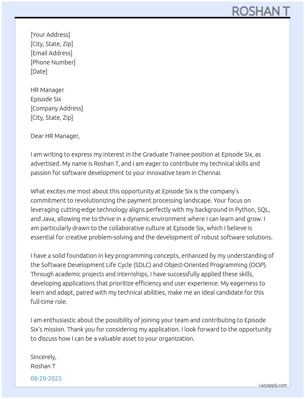 Graduate Trainee At Episode Six  Cover Letter