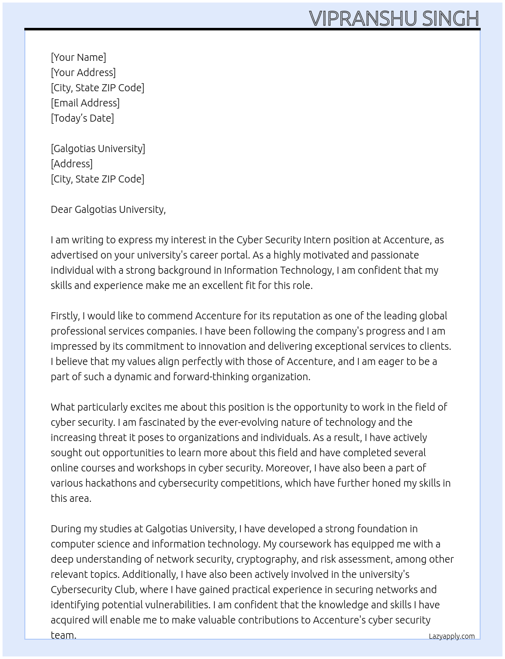 Cyber Security Intern At Accenture Cover Letter