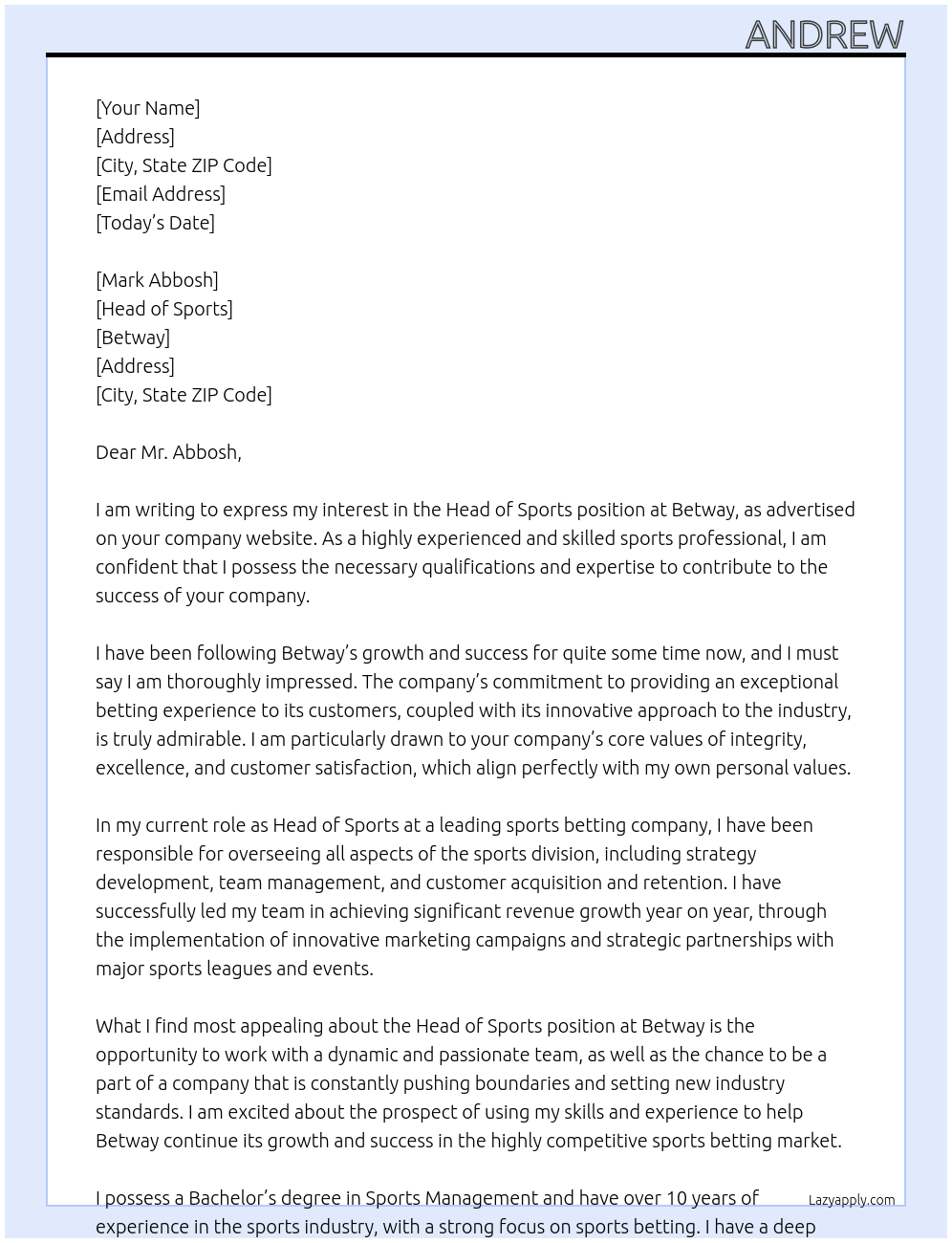 Head of Sports At Betway Cover Letter