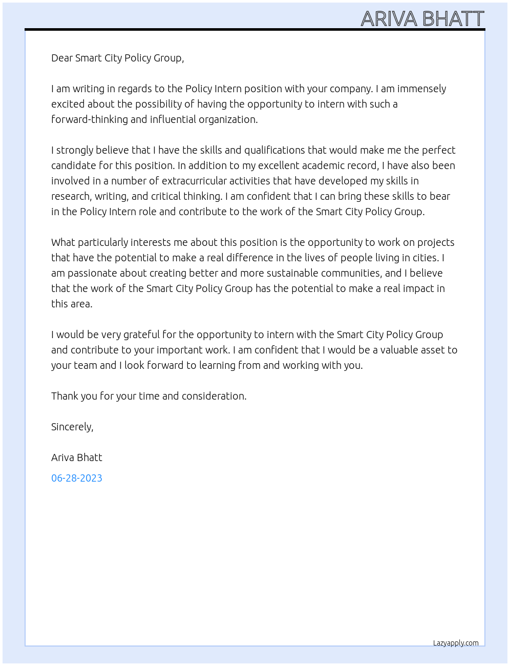 Policy Intern At Smart City Policy Group Cover Letter