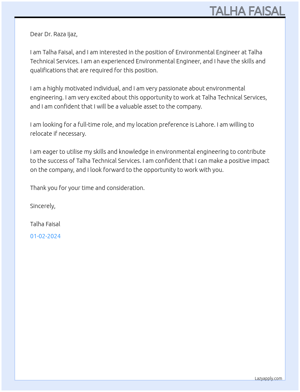 Environmental Engineering  At Talha technical services  Cover Letter