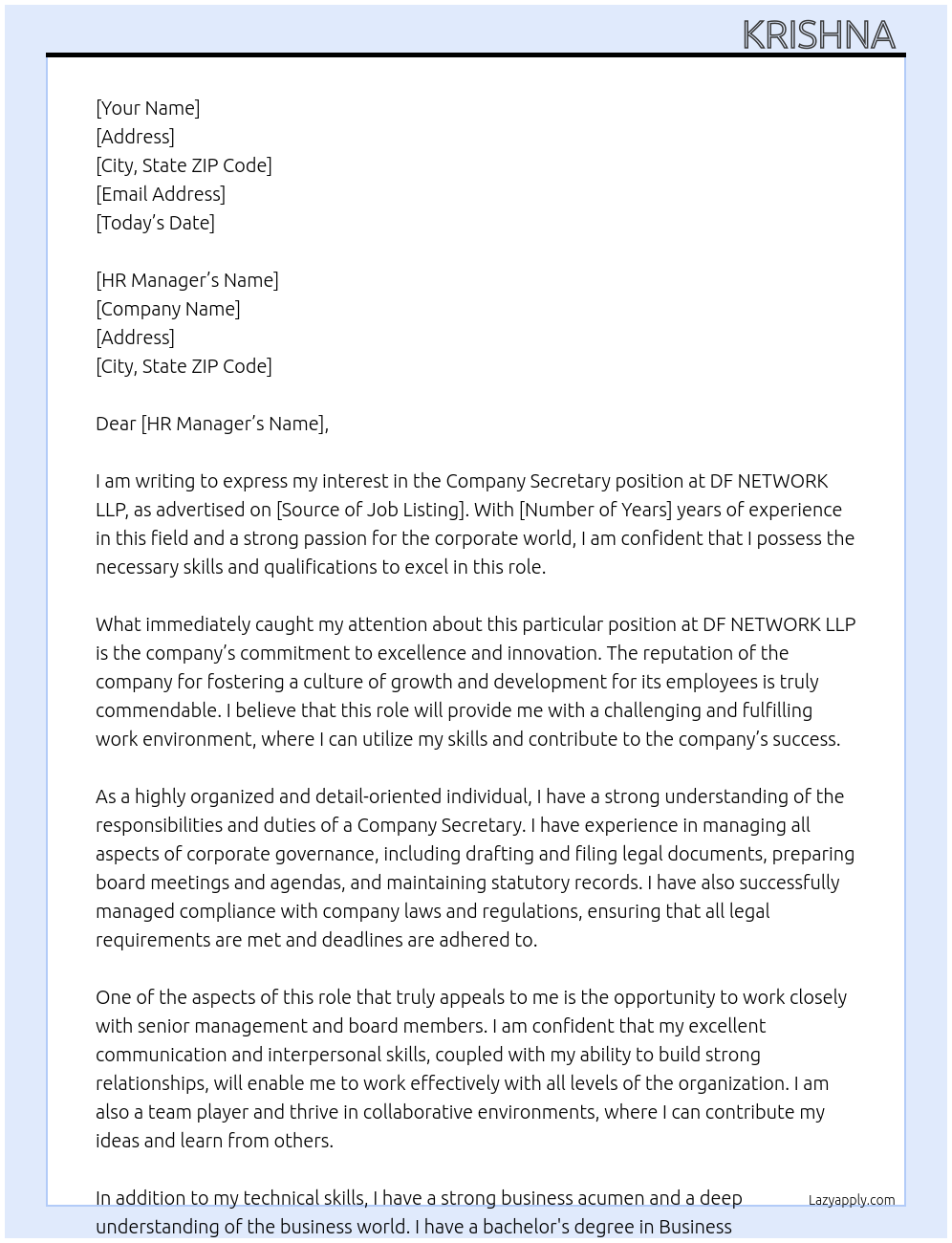 company secretary At DF nETWORK LLP Cover Letter