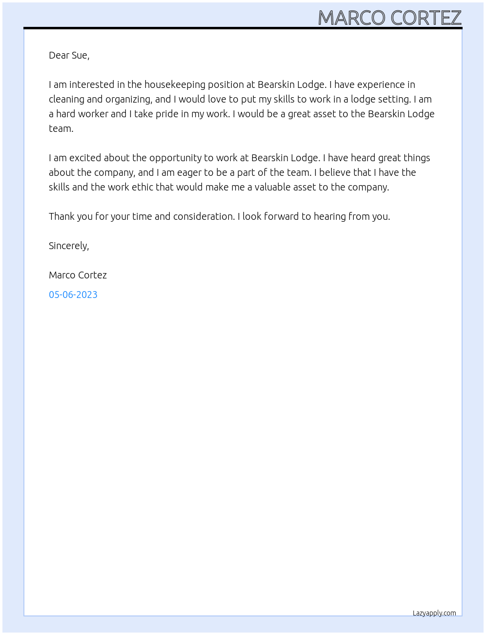 Housekeeping At Bearskin Lodge Cover Letter
