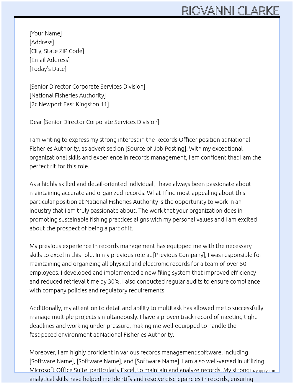 Records Officer At National Fisheries Authority Cover Letter